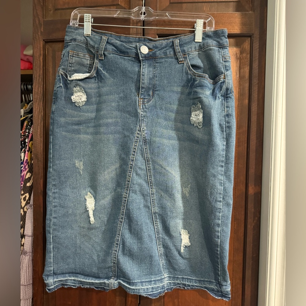 Women's Blue Distressed Pencil Skirt